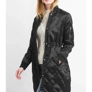 GAP Quilted Bomber Jacket Womens Size XL Black Shiny Elongated Satin Coat